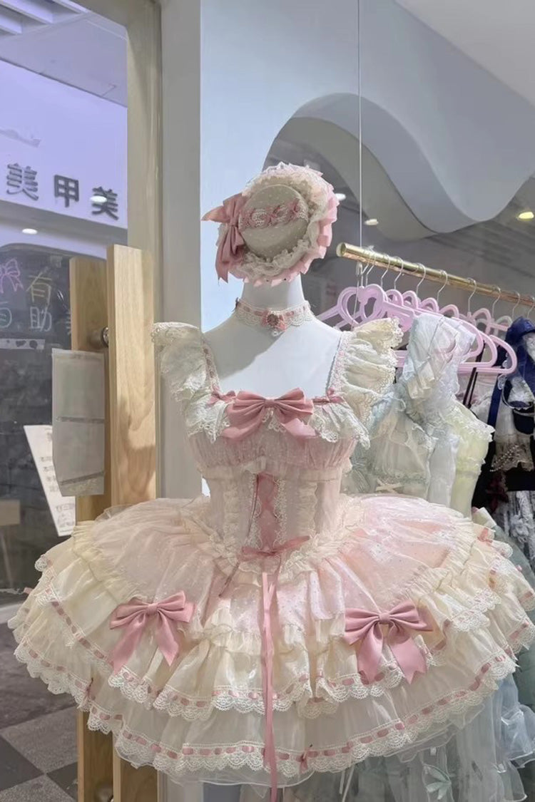 Pink Double-Layered Ruffled Bow Lace-Up Sweet Ballet JSK - Flory Butterfly