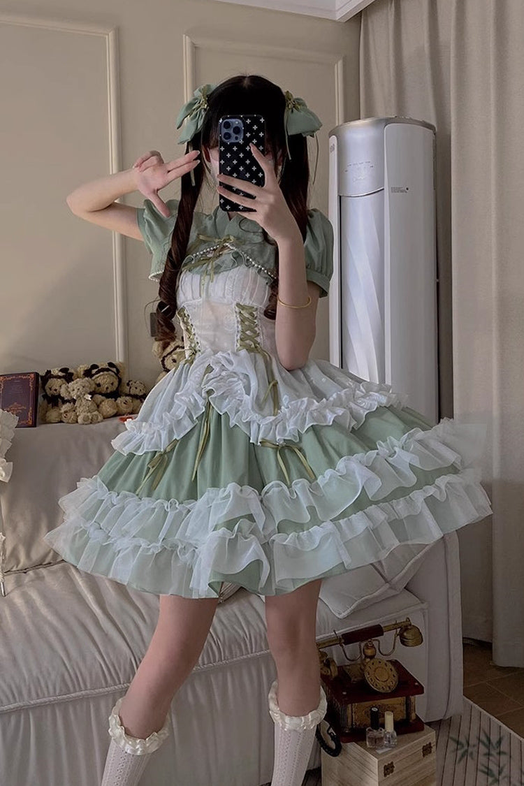 Jade Multi-Layer Hanayome Lace-Up Plus-Size Sweet Lolita JSK (Short)