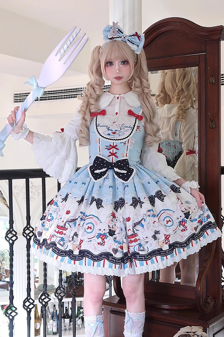 Sleeveless Print Ruffle Bowknot Lace Sweet Lolita Jsk Dress Blue