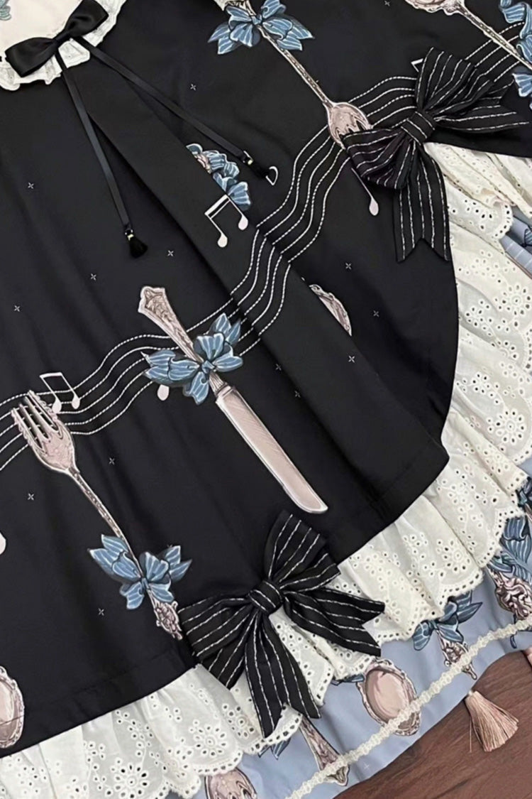 Navy Witch's Banquet Round-Collar Short-Sleeve Printed Ruffled Embroidered Bow Asymmetric Sweet Lolita Dress
