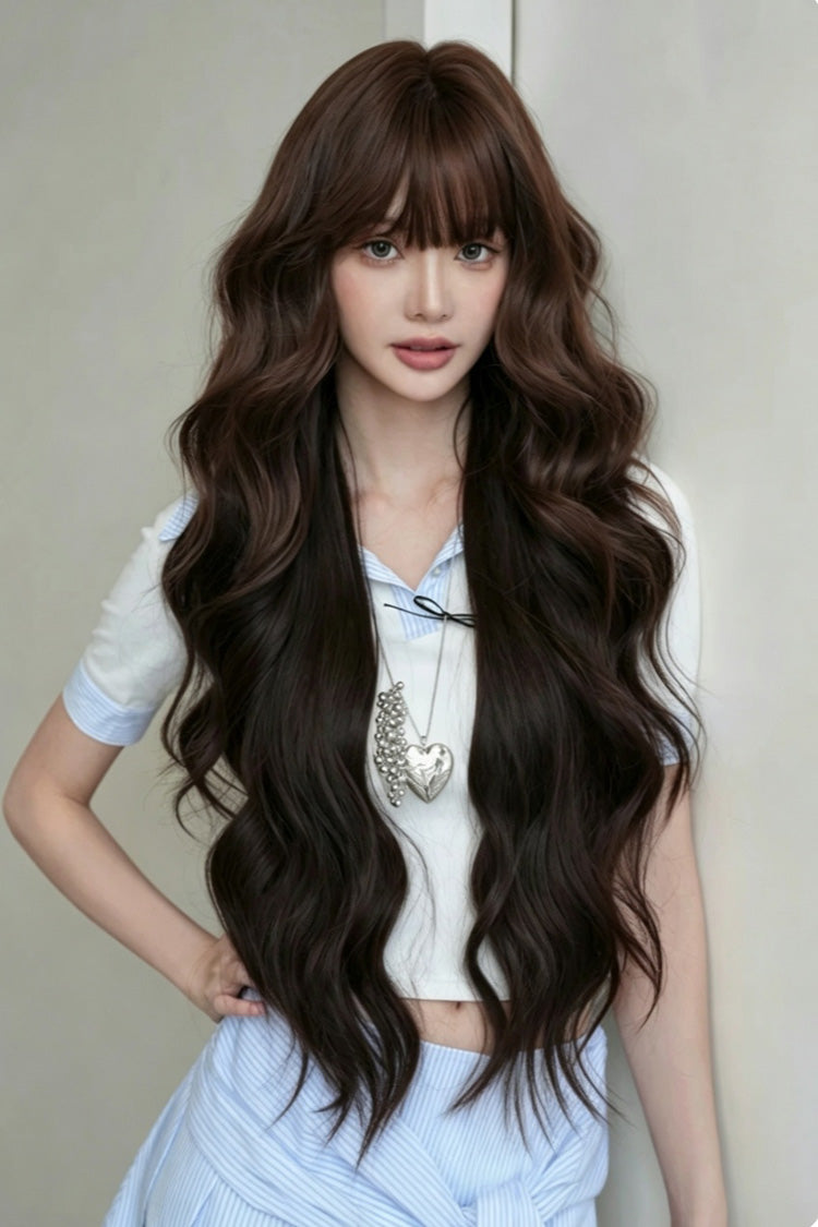 Chestnut Brown Ombre Long Wavy Wig with Air Bangs