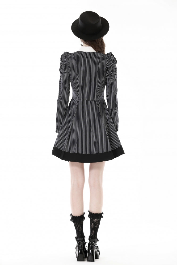 Lapel Collar Long Puff Sleeves Striped Preppy Gothic Dress