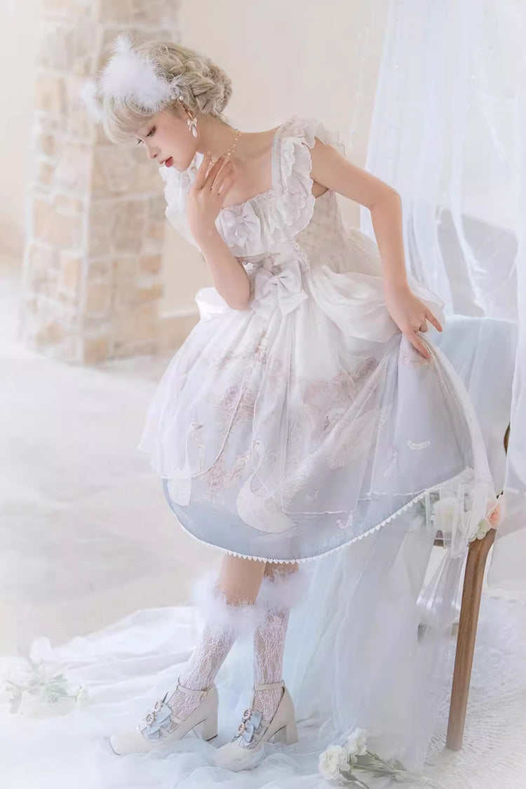 Swan Lake Print Ruffle Bowknot Elegant White Blue Lolita Jsk Dress - Flower and Letter