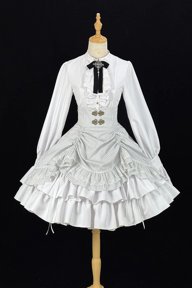 Ivory Manor Point Striped Ruffle Hem Bow Gothic Skirt