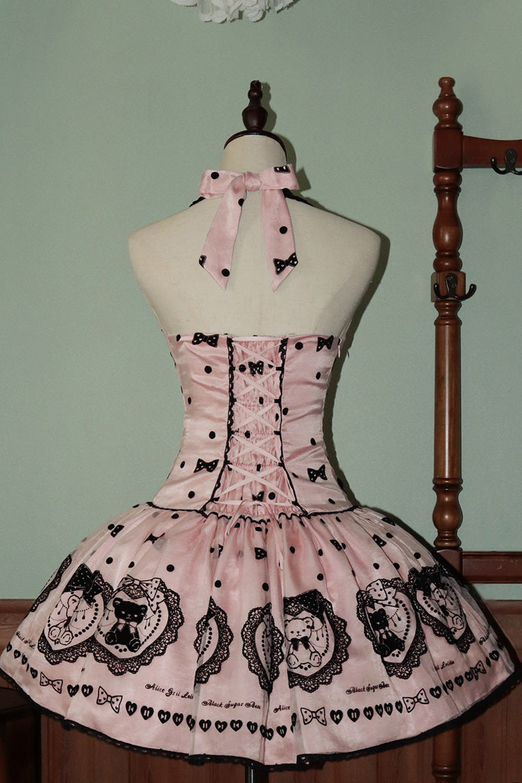 Pink Halterneck Sleeveless Embroidered Bow Sweet Dress - Sugar Bear