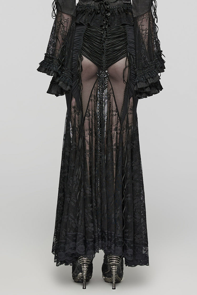 Sheer Wrapped Hip Gothic Skirt for Women with Lace Detail