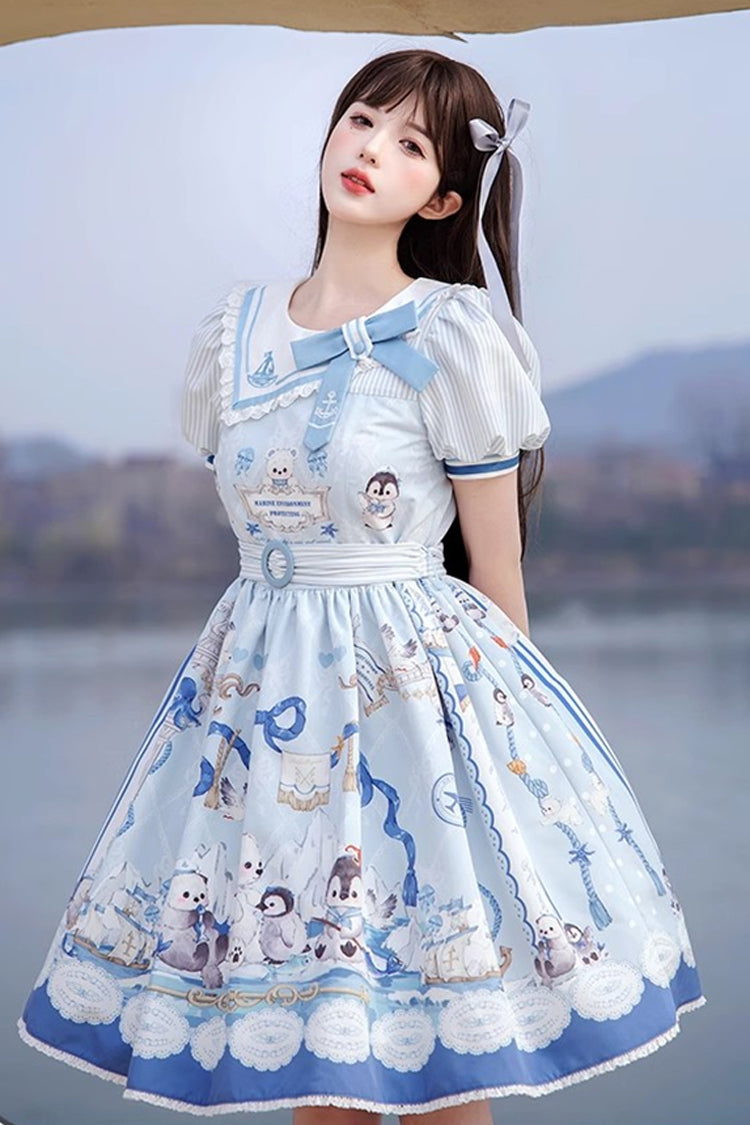 Penguin Navy Short Sleeve Print Ruffle Bow Princess Lolita Dress in Blue