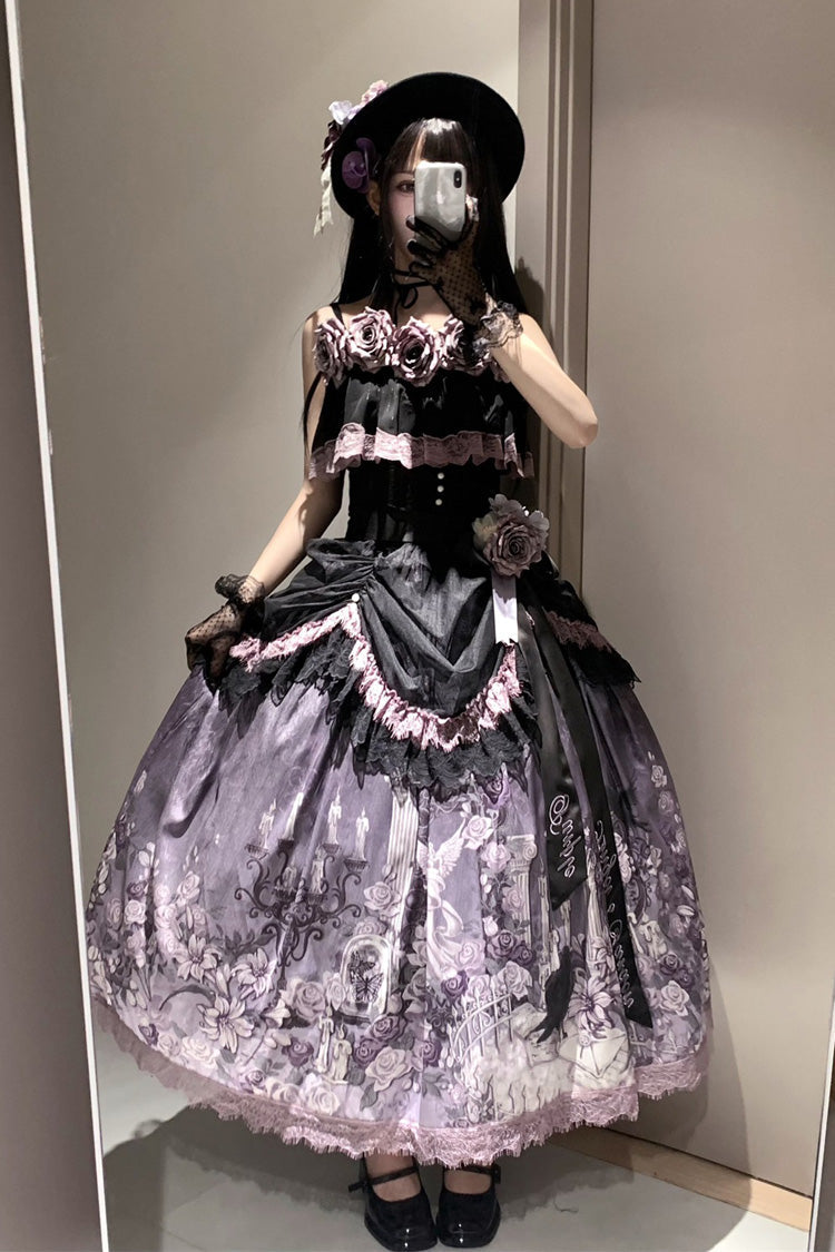 Angel Garden Black Purple Sleeveless Print Ruffle Bowknot Lace Sweet Gothic Skirt Set