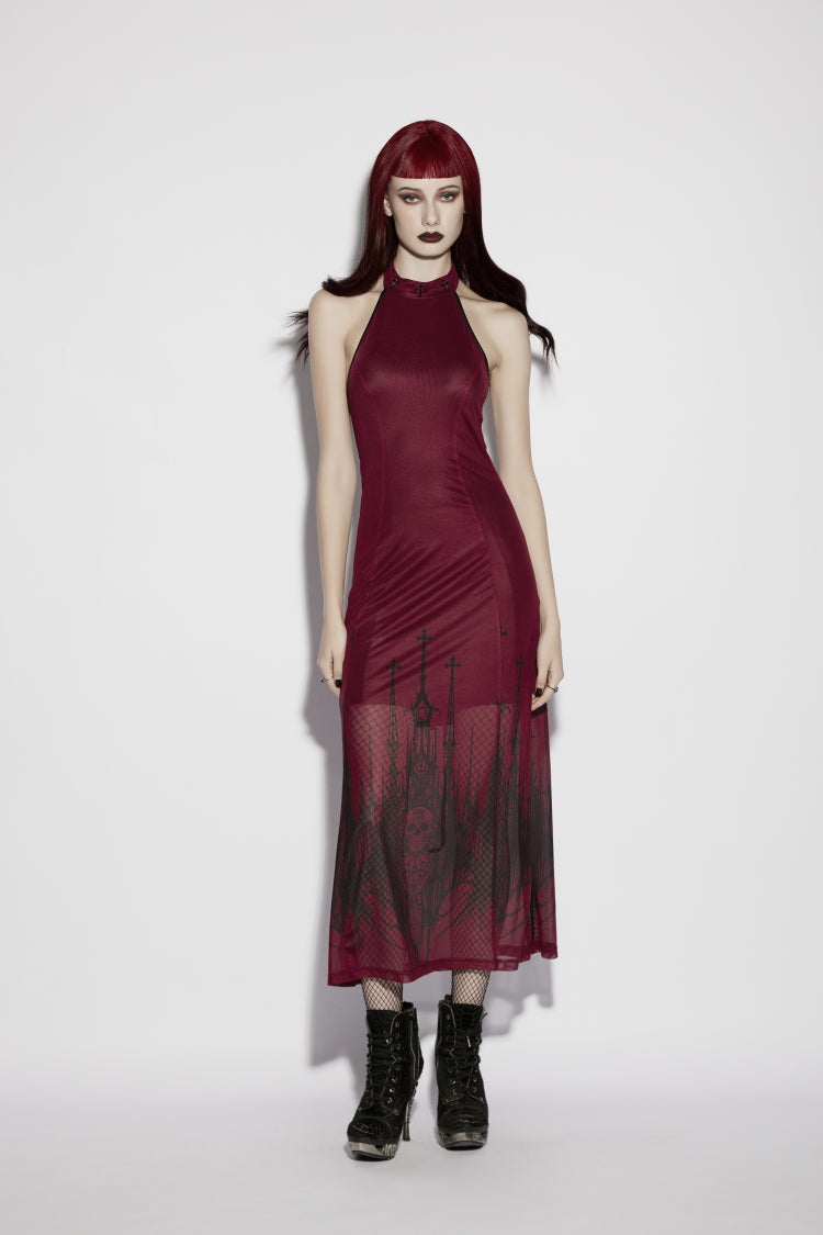 Red Halterneck Sleeveless Double-Layer Church Skull Printed Lace-Up Slim Gothic Dress