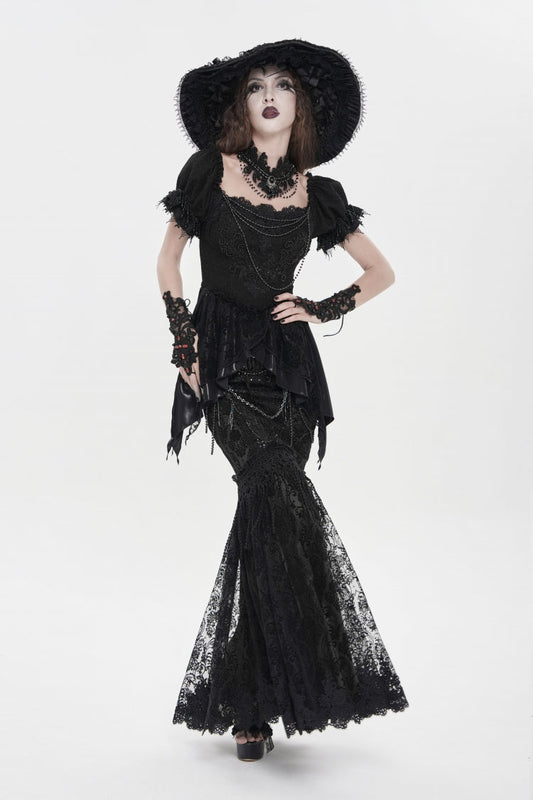 Gothic Skirt for Women with Pearl Embellishments & Embroidered Lace, Slim Fit