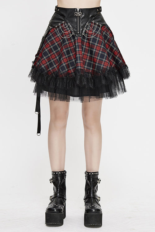 Scottish Tartan Lace-Up Punk Skirt with Bag