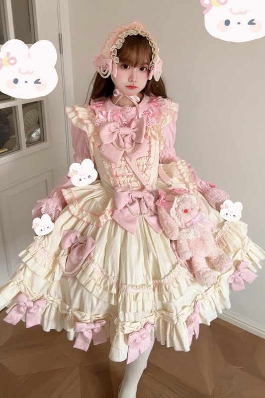 Pink Yellow Doll Multi-Layered Ruffle Bowknot Lace Sweet Dress