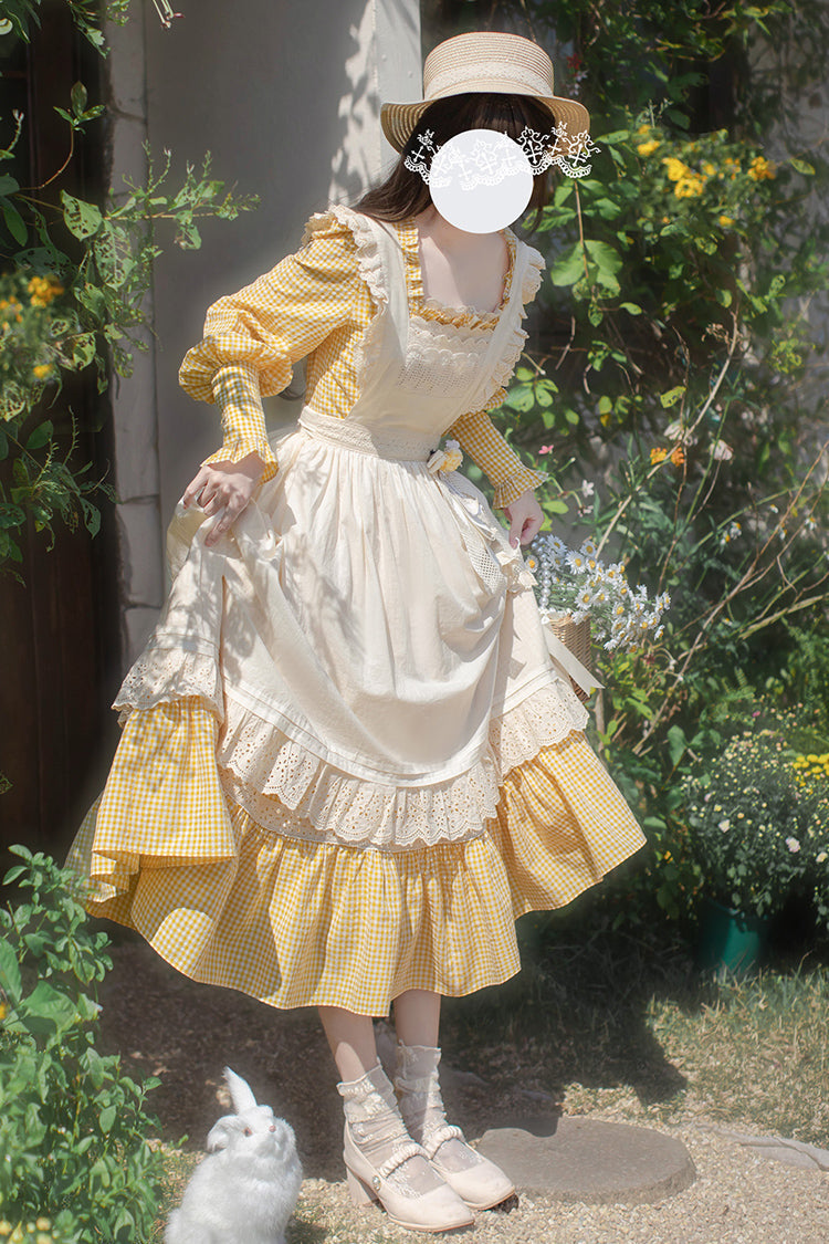 Yellow Long Sleeve Print Dress with Lace-Up and Ruffles