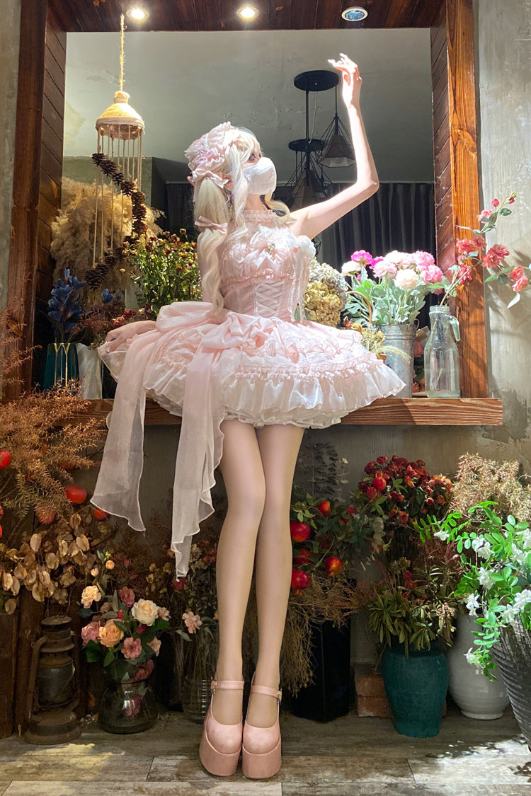 Pink Halter Triple Bow Lace Lolita Jumper Dress