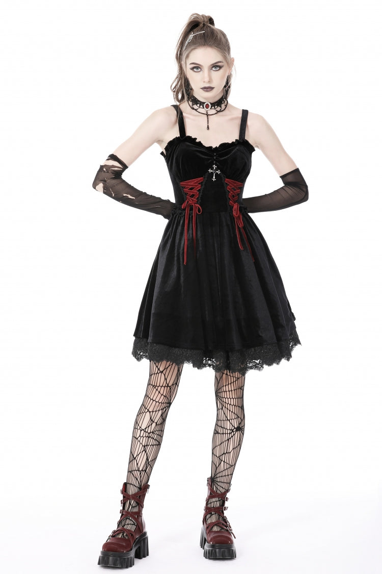 Crimson & Black Cross Lace-Up Velvet Slip Dress