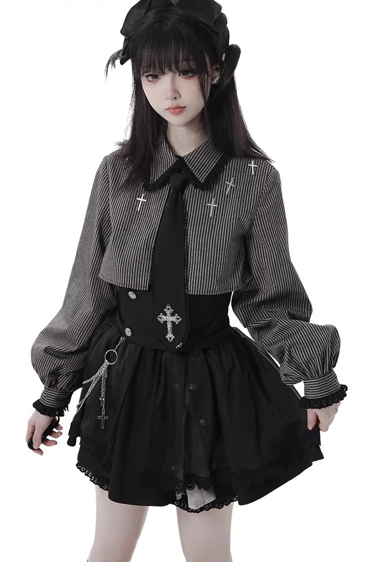 Hymn of the Cross Gothic Ruffled Asymmetric Chain Skirt Set - Black