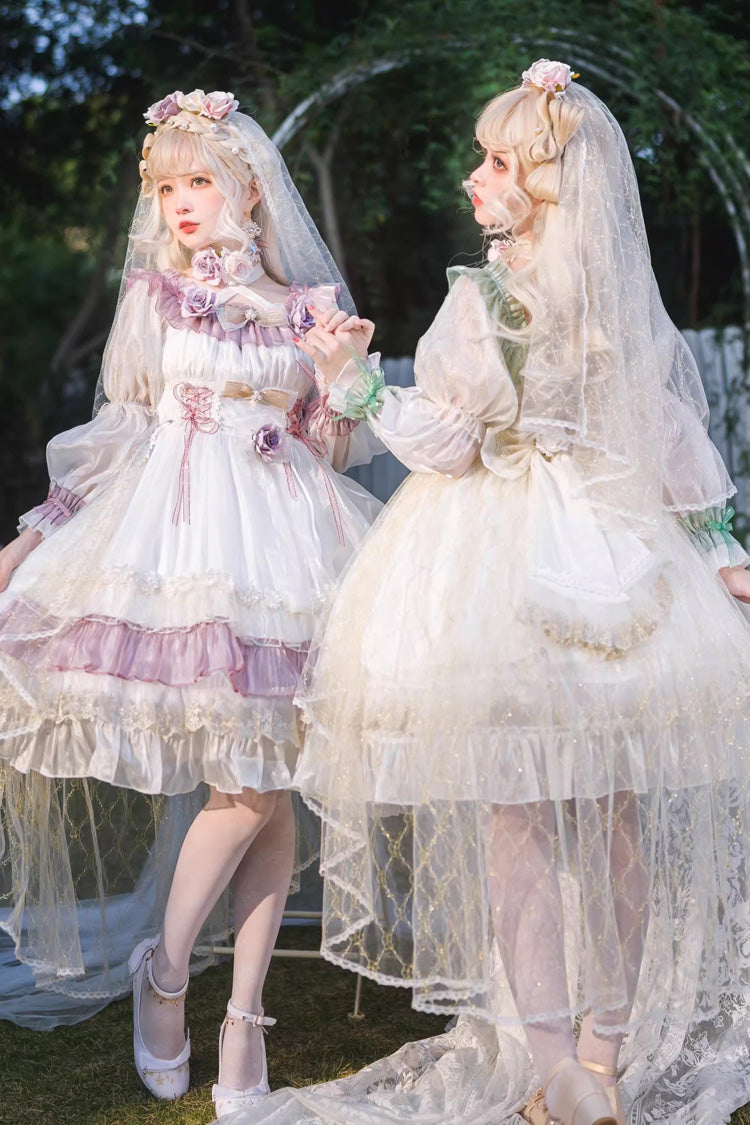 Long Sleeve Multi-Layer Ruffle Bow Lace Lace-Up Sweet Princess Lolita Dress - Purple