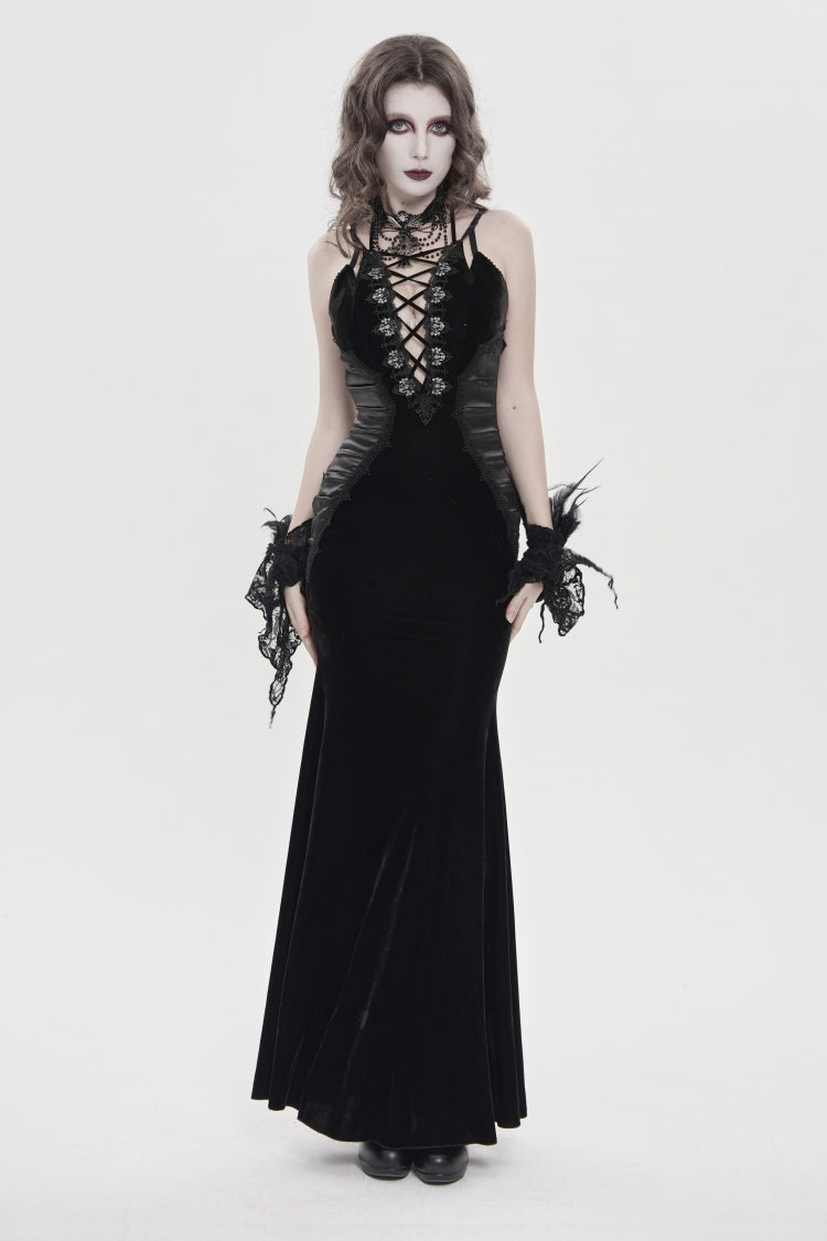 Off Shoulder Sleeveless Spliced Lace-Up Slim Pleated Gothic Jsk Dress