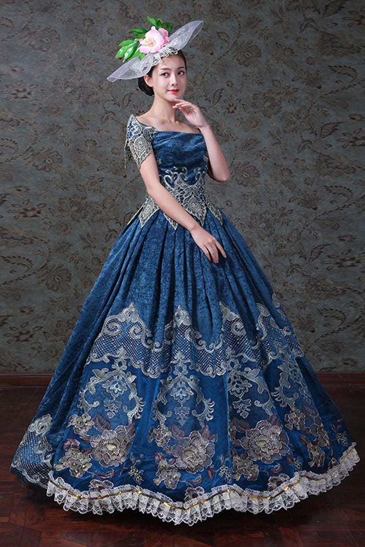 Azure Boat Neck Off-Shoulder High-Waist Embroidered Floral Victorian Lolita Evening Gown