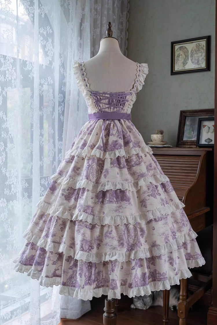 Grape Moon Almanac Violet Sleeveless Tiered Ruffled Bow Lolita JSK - Grape Moon Almanac