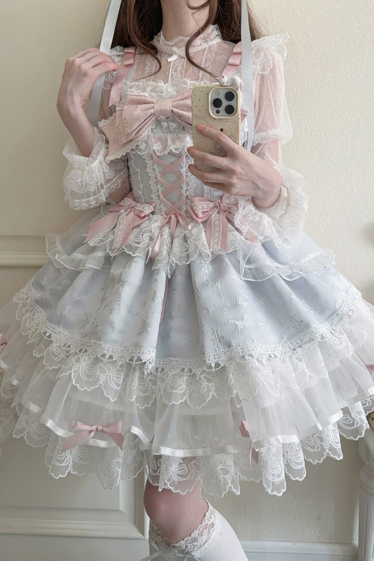 Blue Ballet Lace Ruffle Sleeveless Bowknot Sweet Jsk Dress - Fleishi Island