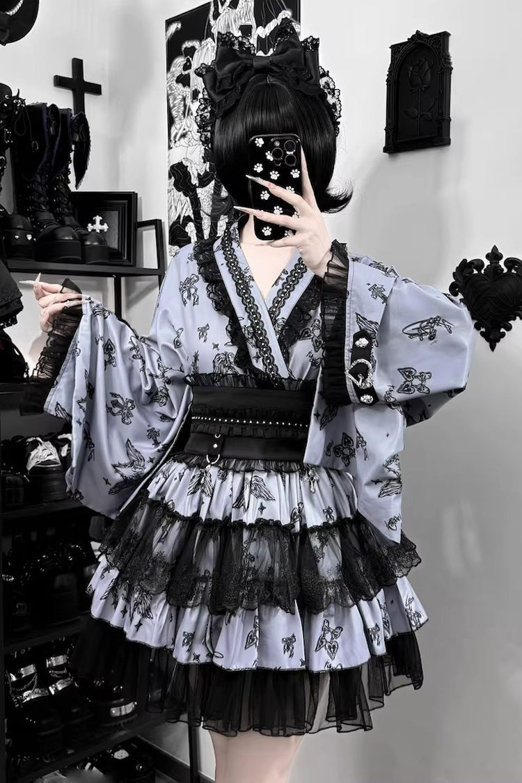 Studded Ruffled Lace Print Gothic Jirai Top and Skirt Set in Three Shades