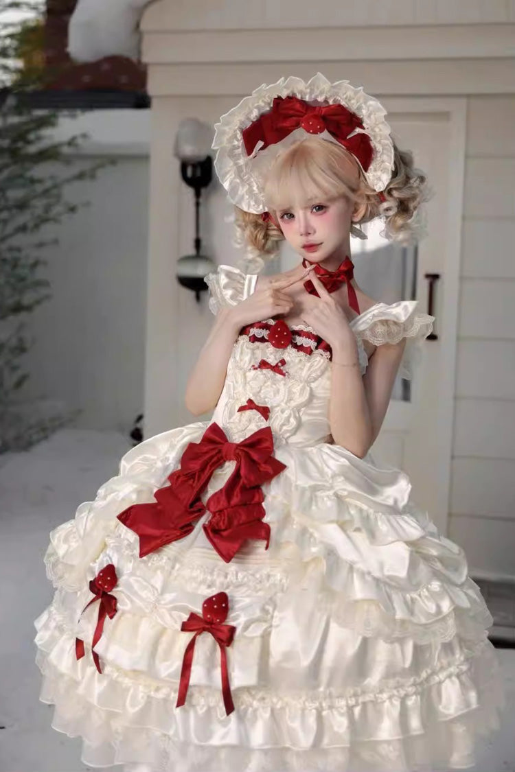 Sweet Apricot Square Collar Sleeveless Layered Ruffle Embroidered Bow Lolita JSK