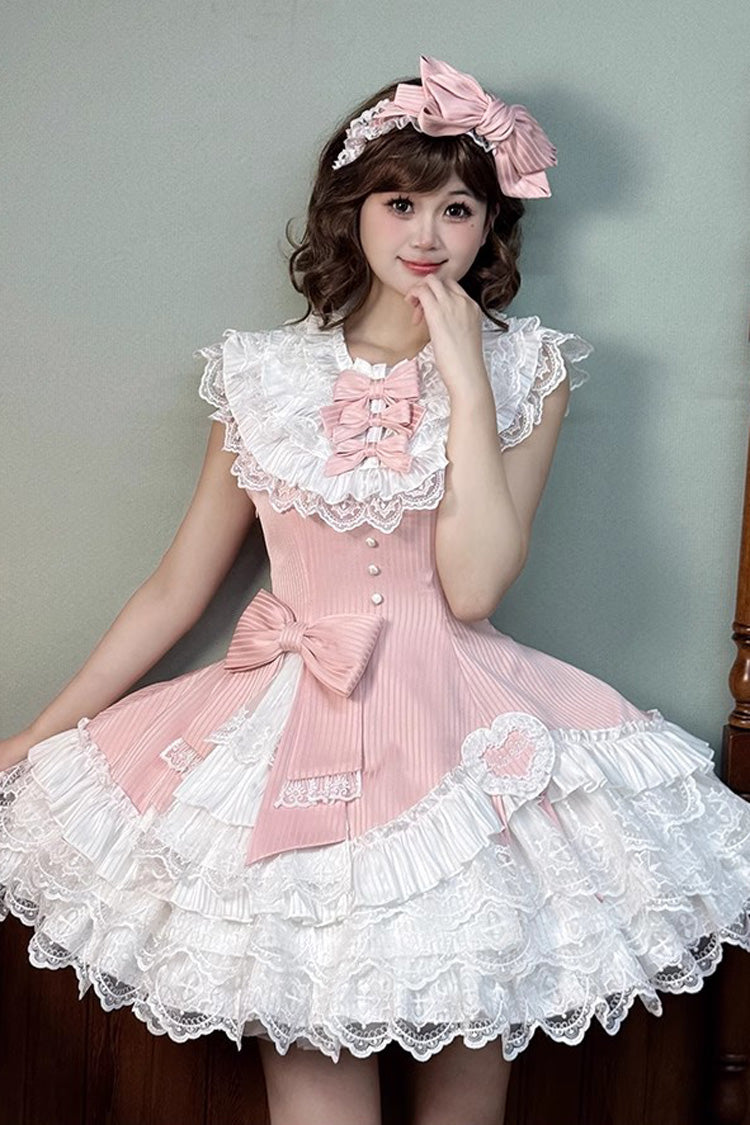 Pink Asymmetric Lace Bow Sleeveless Multi-Layer Ruffle Sweet Lolita Dress - Miss Tsundere