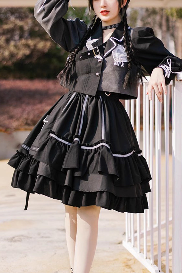 Gothic Lolita Dress Set with Reflective Strips and Ruffled Pleats