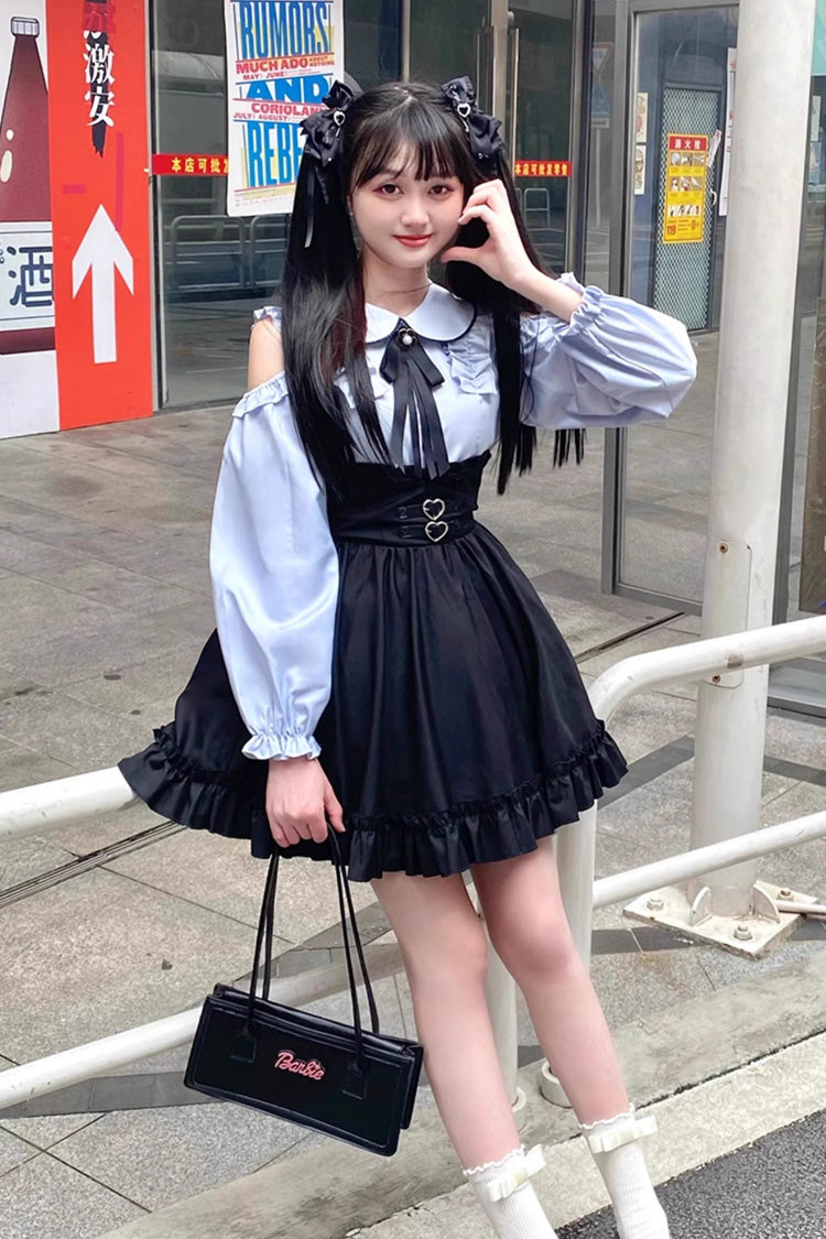 Off-Shoulder Ruffle Bowknot Set in Black/Blue
