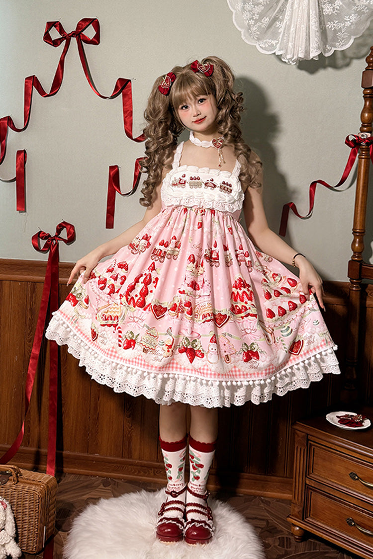 Mint Strawberry Dessert Printed High-Waisted Sweet Lolita JSK Dress - Ruffled
