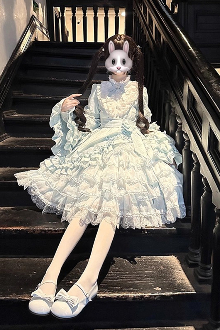 Blue Soloist Doll Long Hime Sleeve Multi-Layer Print Ruffle Bow Asymmetrical Sweet Lolita