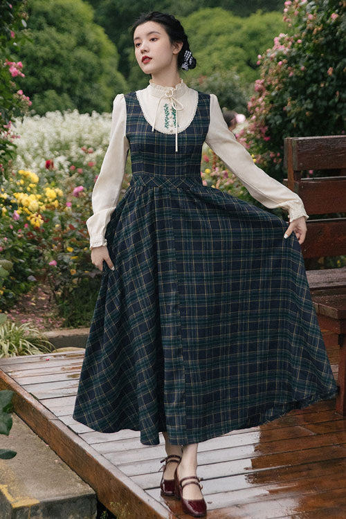 Vintage Plaid High-Waisted Lolita Dress with Embroidery