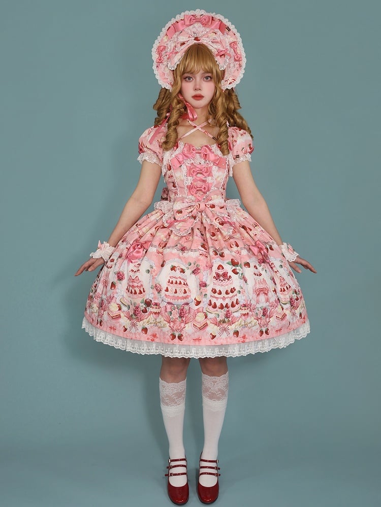Bow Print Cake Set Sweet Strawberry / Pink Accents Full Lolita Dress