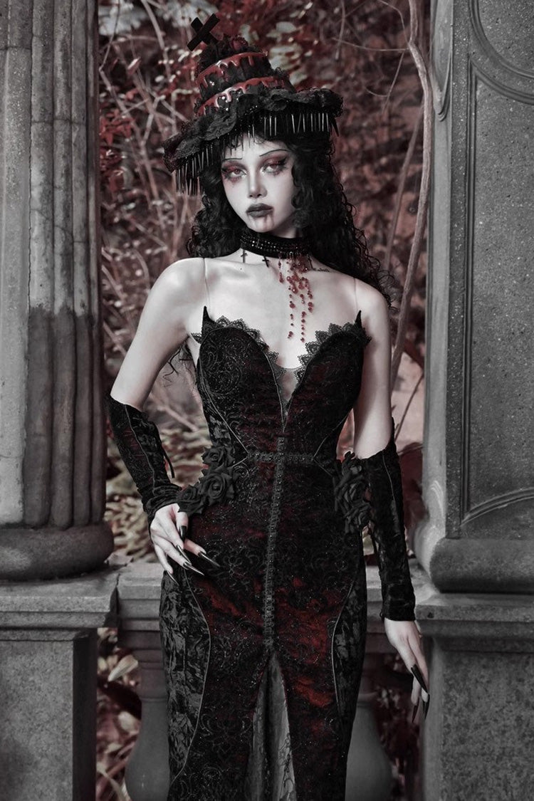 Black/Red High-Waisted Embroidered Lace Sleeveless Ruffle Gothic Fishtail Dress - Scarlet Blood Peak