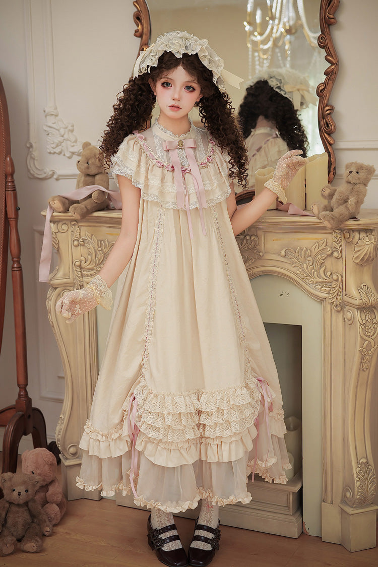 Apricot Sweet Lolita Dress with Stand Collar Short Sleeves Loose Doll-Like Ruffled Bow Lace
