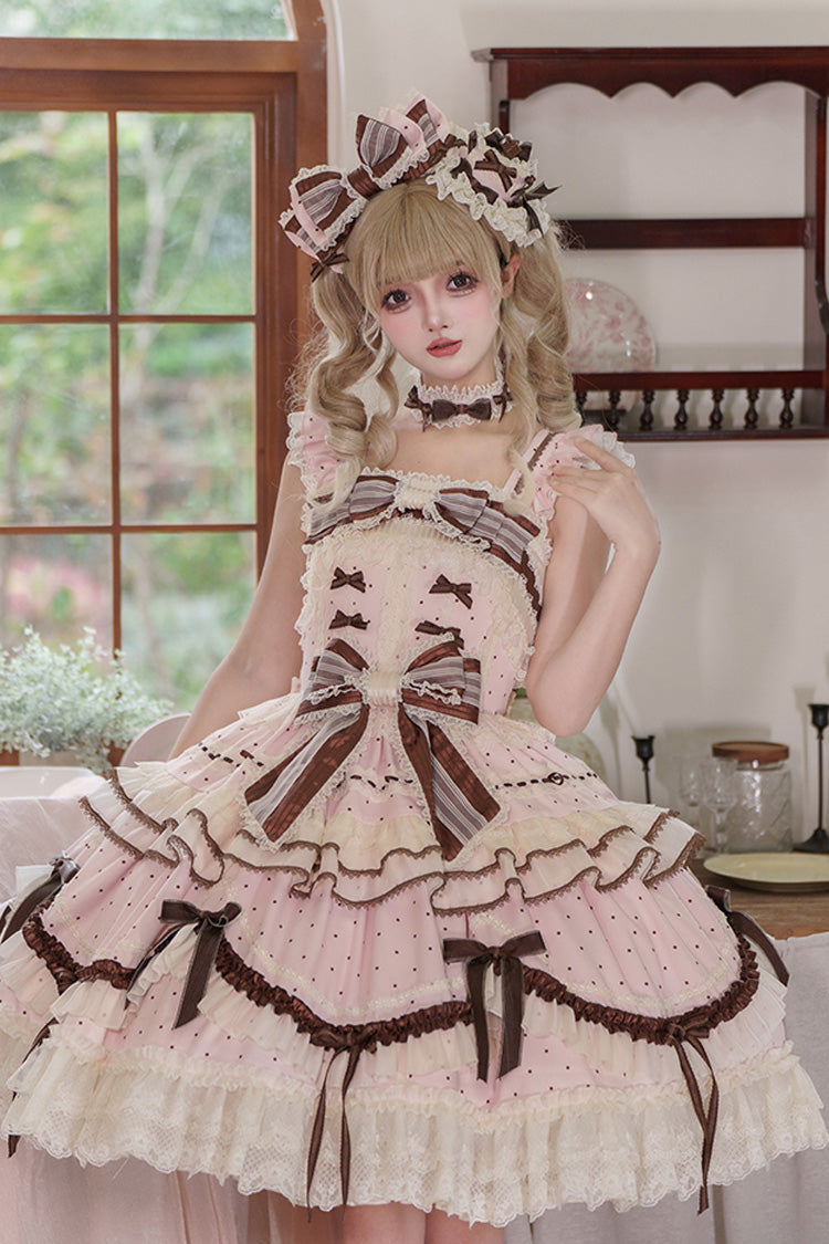 Sleeveless Print Ruffle Bow Lace-Up Sweet Elegant Lolita Jumper Dress - Pink
