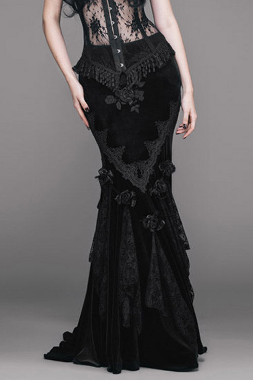 Sable Rose Embossed Velvet Long Half-Fishtail Skirt for Women