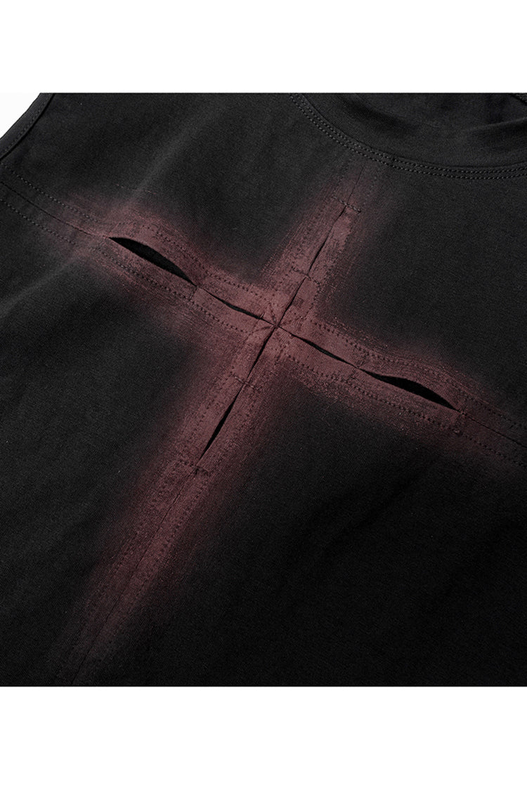 Hollowed Out Cross Spray-Painted Asymmetric Hem Sleeveless Gothic Dress