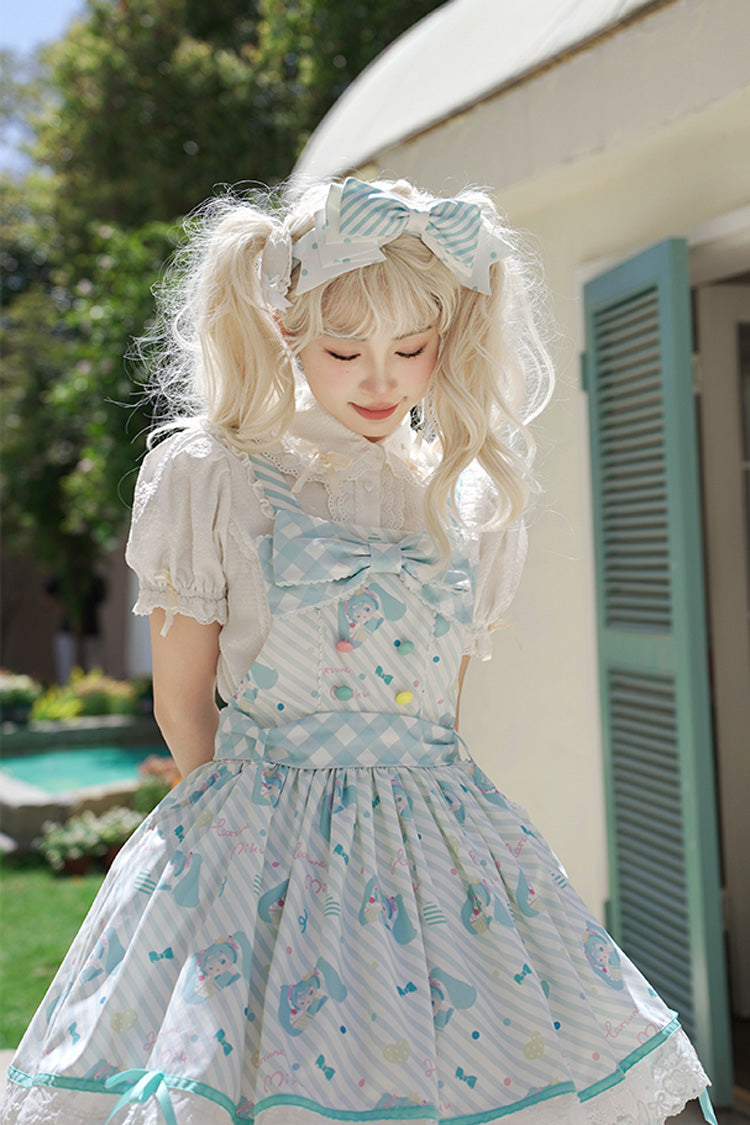 Sleeveless Print Bow Lace Sweet Lolita Strap Jumper Dress - Blue