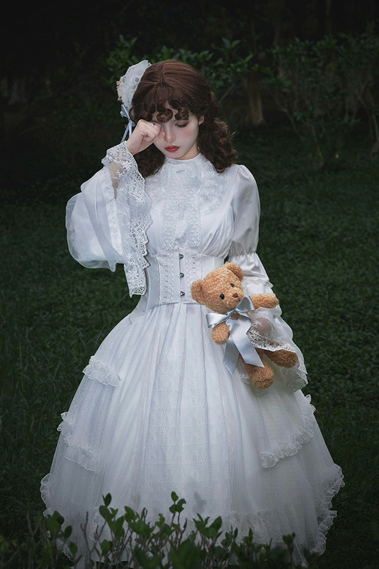 Ivory Stand Collar Long Sleeve Gothic Dress with Lace - Requiem
