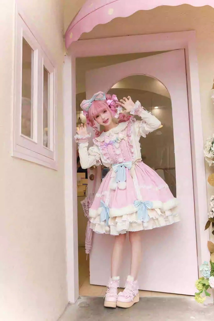 Pale Pink & White Little Fox Multi-Layer Ruffled Bow Long-Sleeve Sweet Lolita Dress