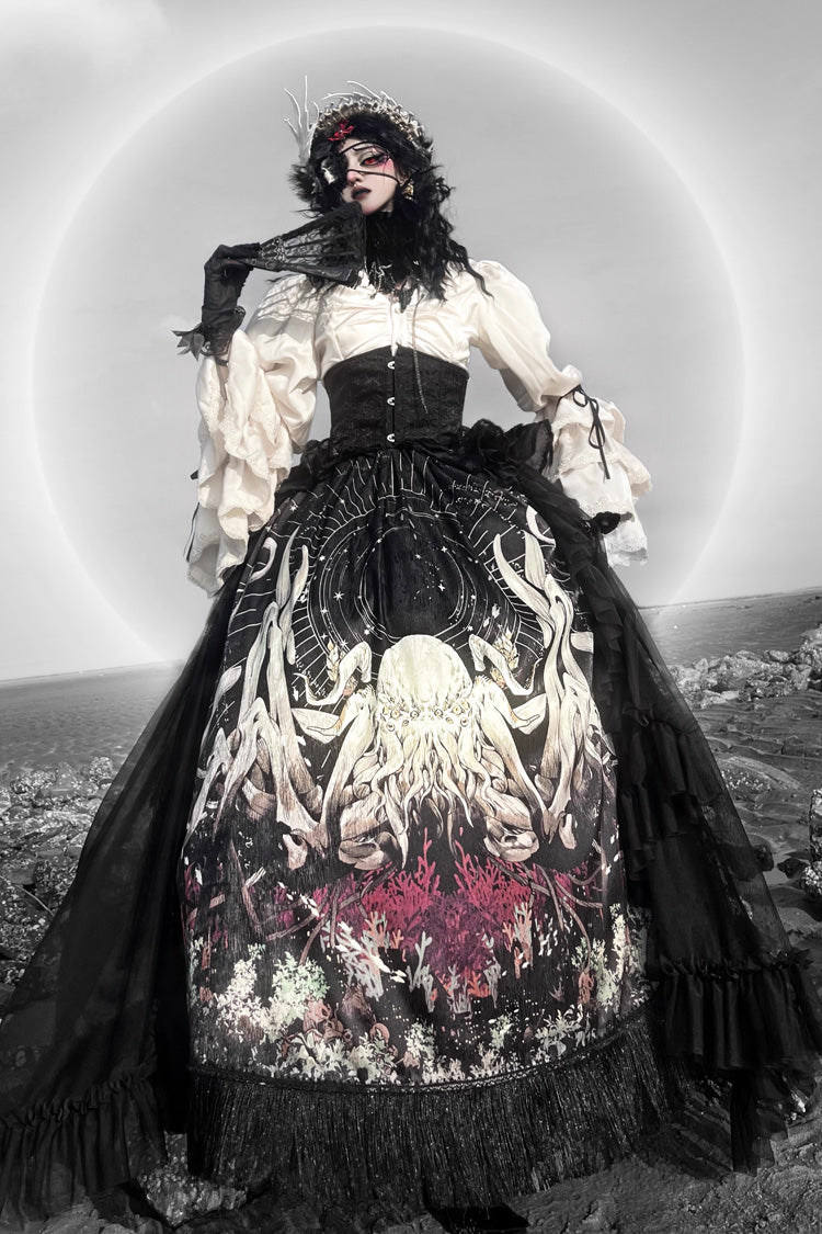 Black Reborn Ancient God Long Hime Sleeve Print Lace Gothic Lolita Skirt Set