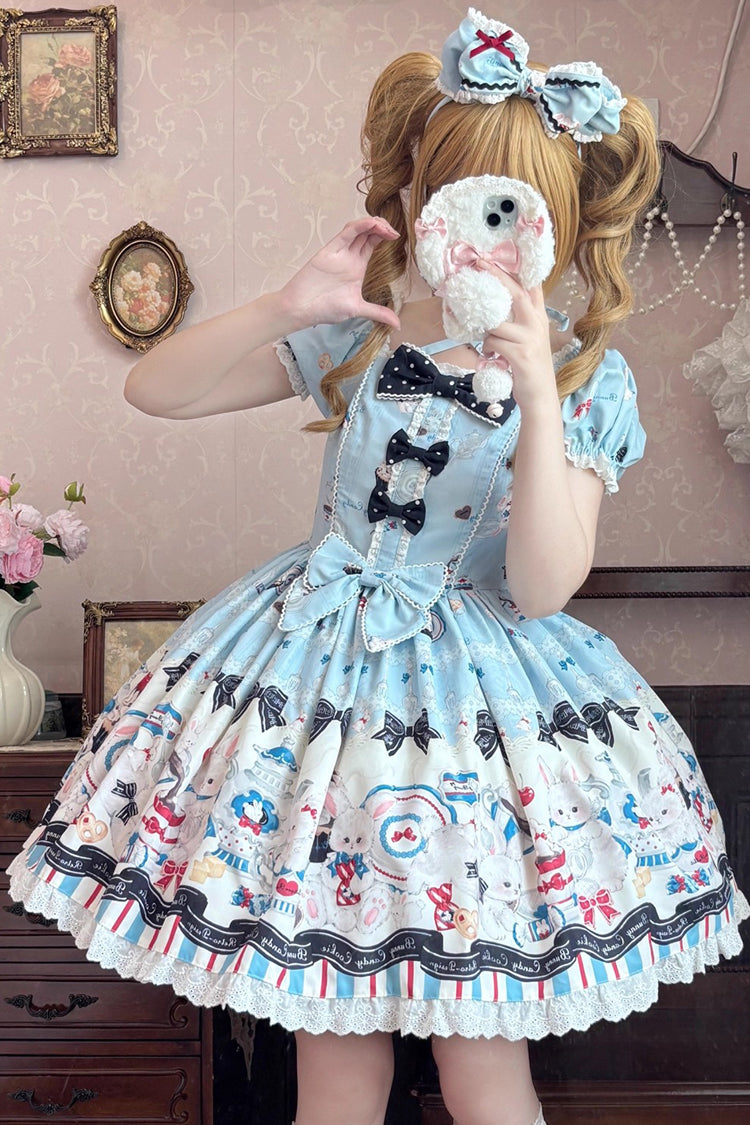 Square Collar Short Sleeve Print Ruffle Sweet Lolita Dress Blue