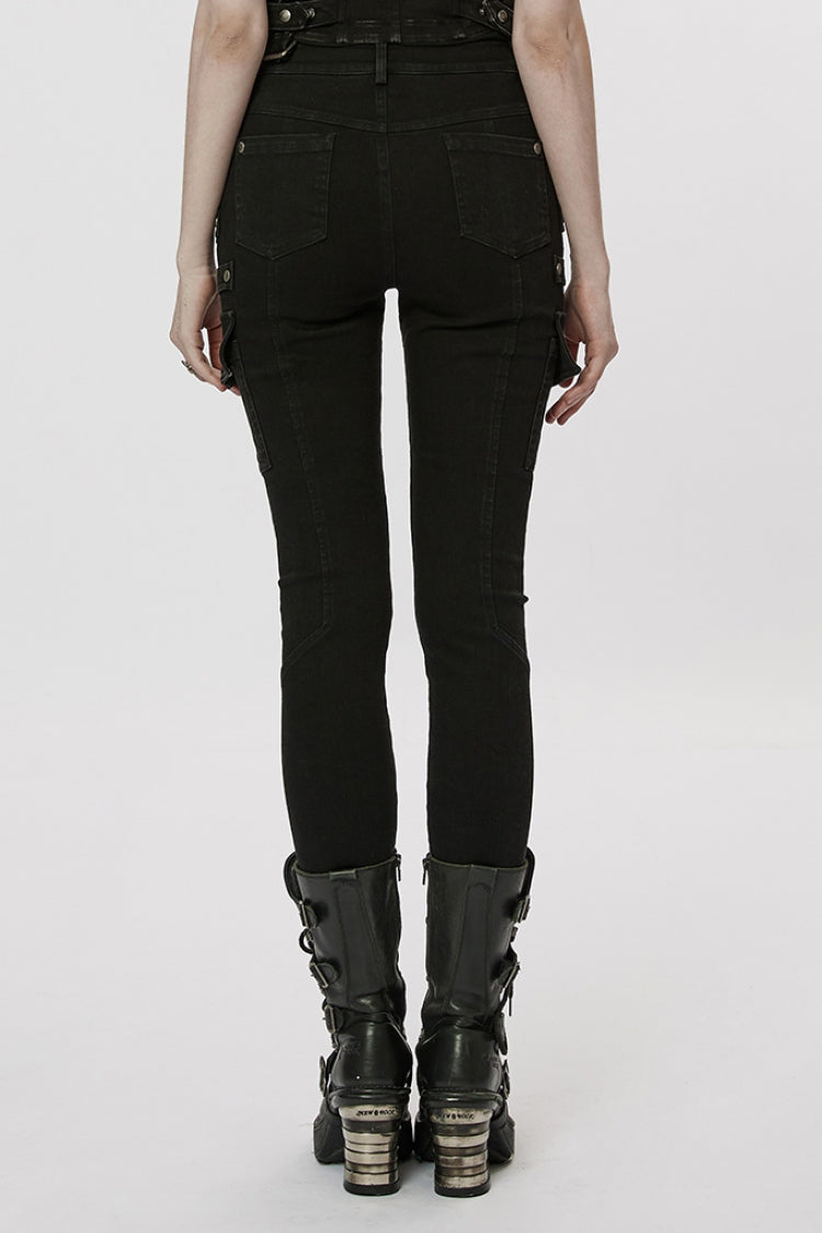 Women's Punk Buckle Jeans, Black with Pocket Detail