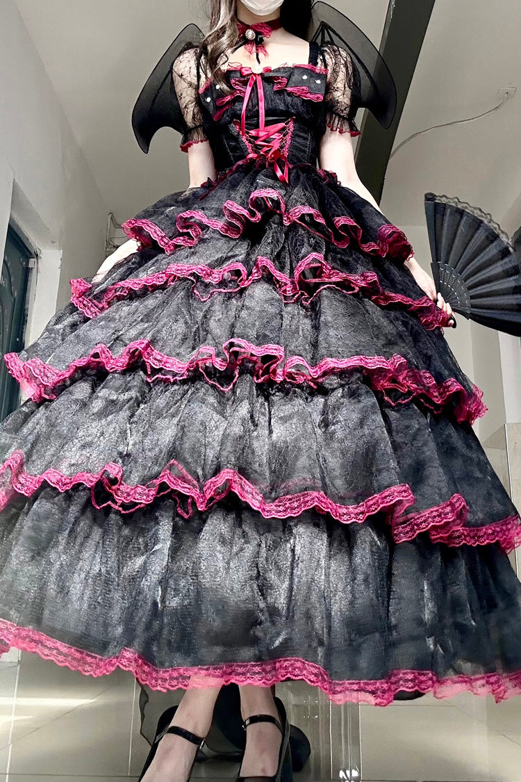 Black/Red Short Sleeves Multi-Layered Ruffled Bow Lace Plus Size Sweet Lolita Dress - Miss Brown