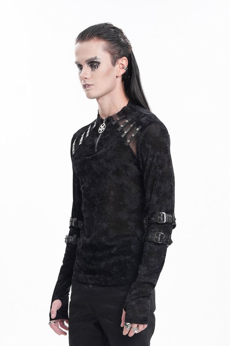 Midnight Crewneck Long-Sleeve Buckle Star Studded Gothic Tee for Men
