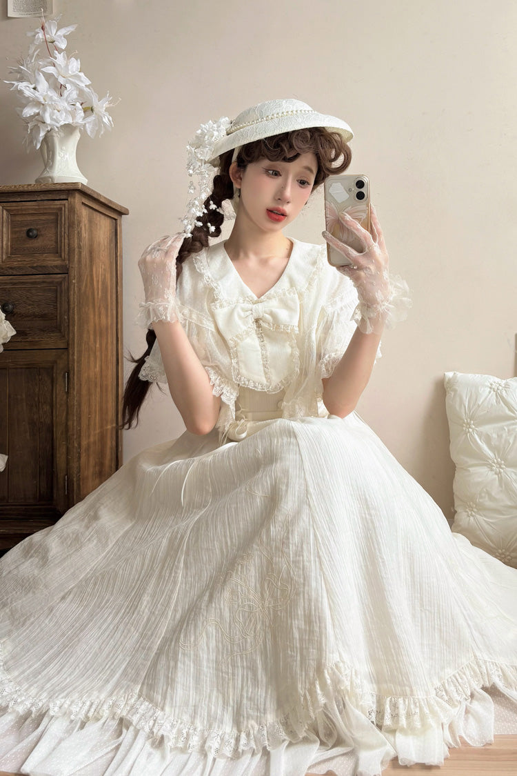 Ivory Ruffled Embroidered Lace-Up Dress with Bows - Wind Chime