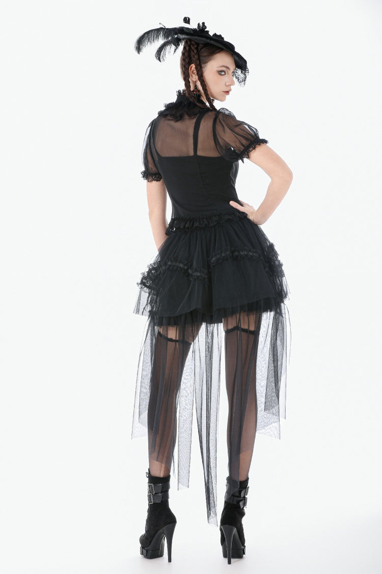 Courtly Gothic Blouse with Puff Sleeves and Lace, Black