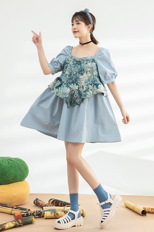 Azure Oil-Painting Patchwork Sweet Dress with Ruffled Sleeves